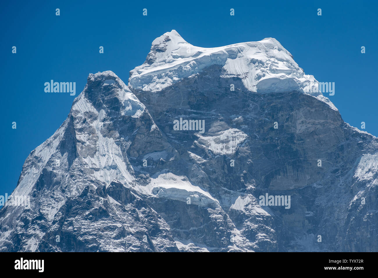 Close up photo of Mount Kangtega summit in Nepal Himalayas Stock Photo