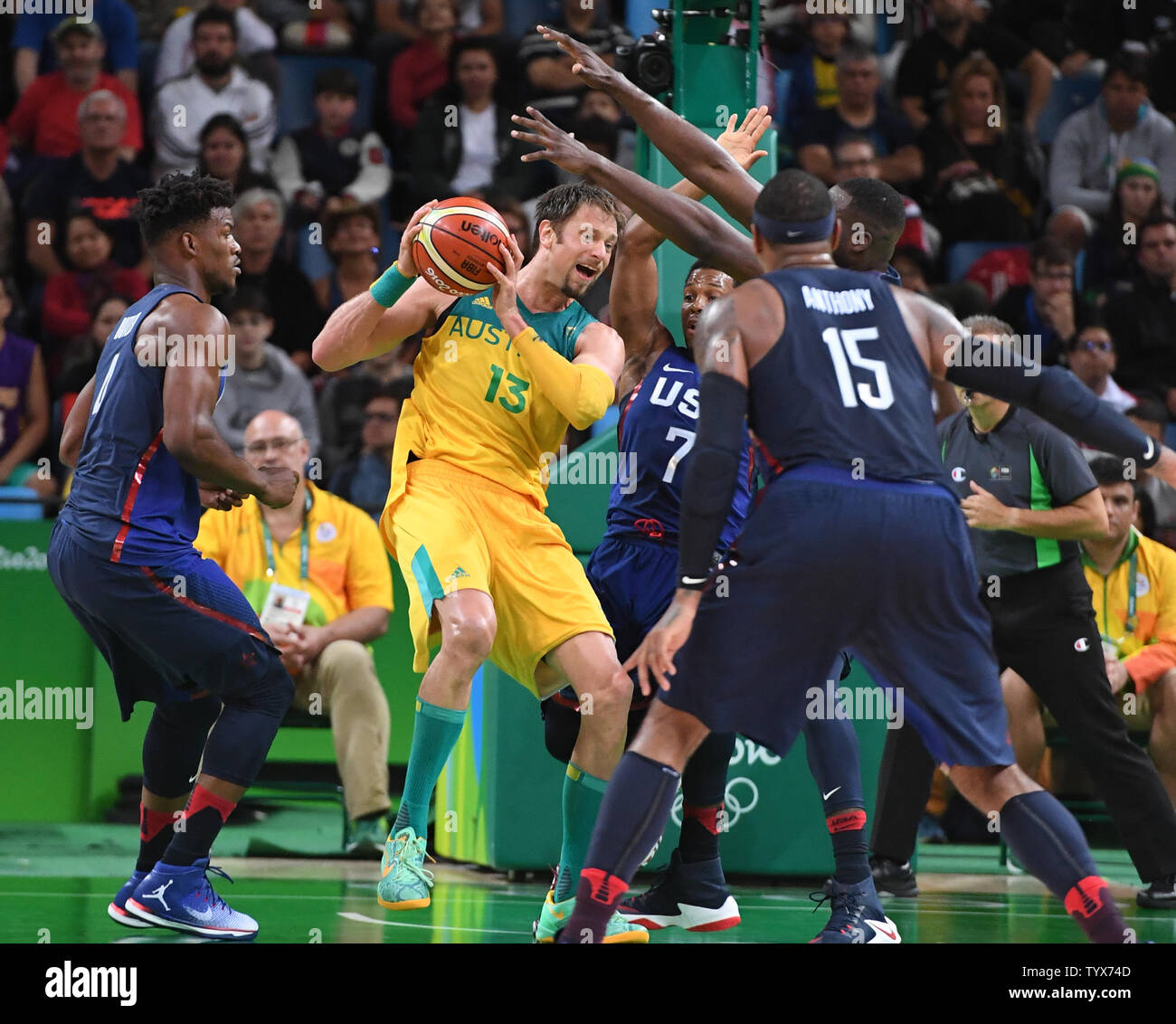 Australia's David Anderson gets the ball in heavy USA traffic in Basketball  at the 2016 Rio Summer Olympics in Rio de Janeiro, Brazil, August 10, 2016.  Photo by Terry Schmitt/UPI Stock Photo - Alamy, image size:1300x1132