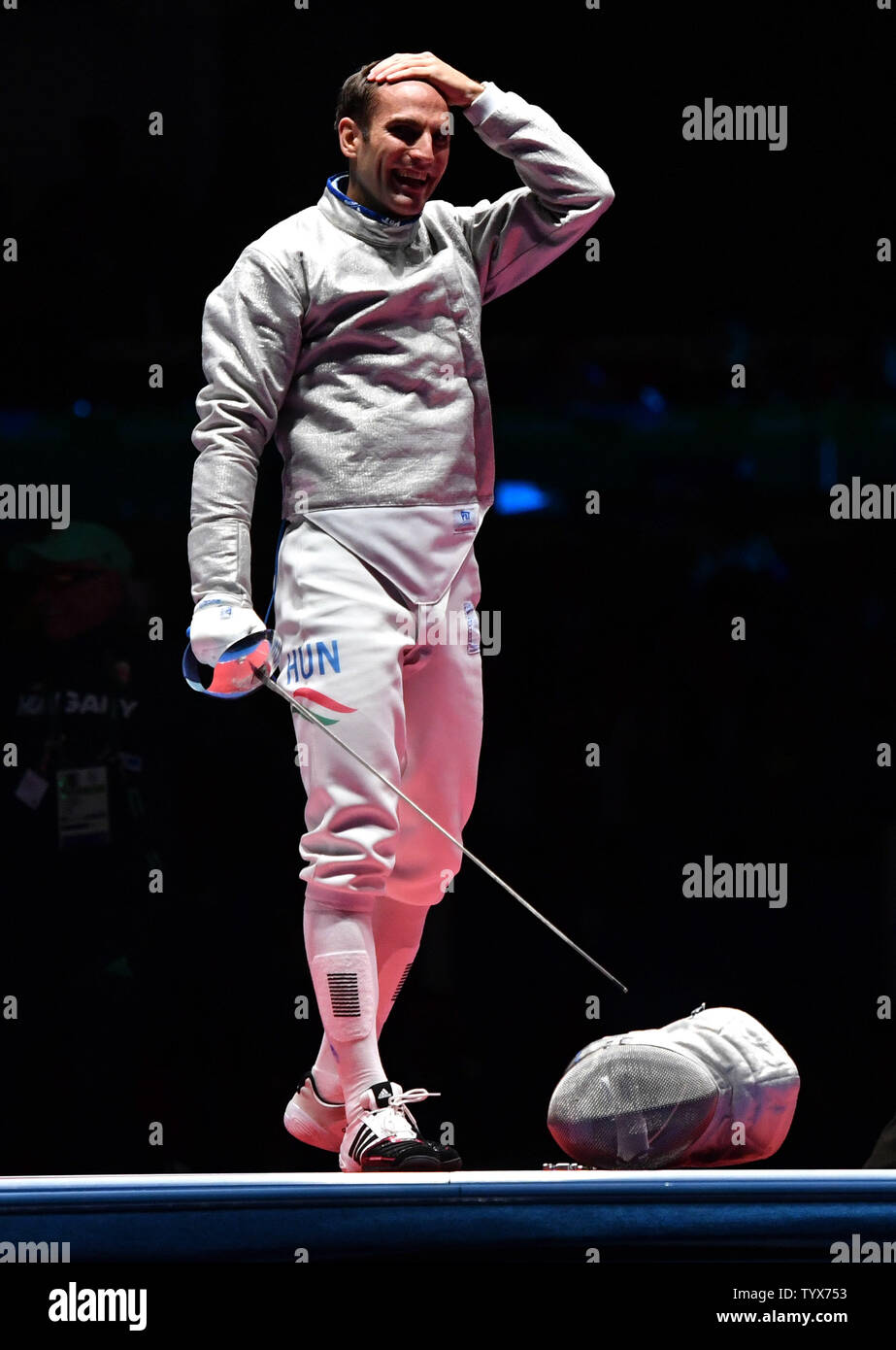 Hungarian Aron Szilagyi Reacts After Defeating American Daryl Homer To Win Gold In The Final Of The Men S Fencing Individual Saber At The 2016 Rio Summer Olympics In Rio De Janeiro Brazil