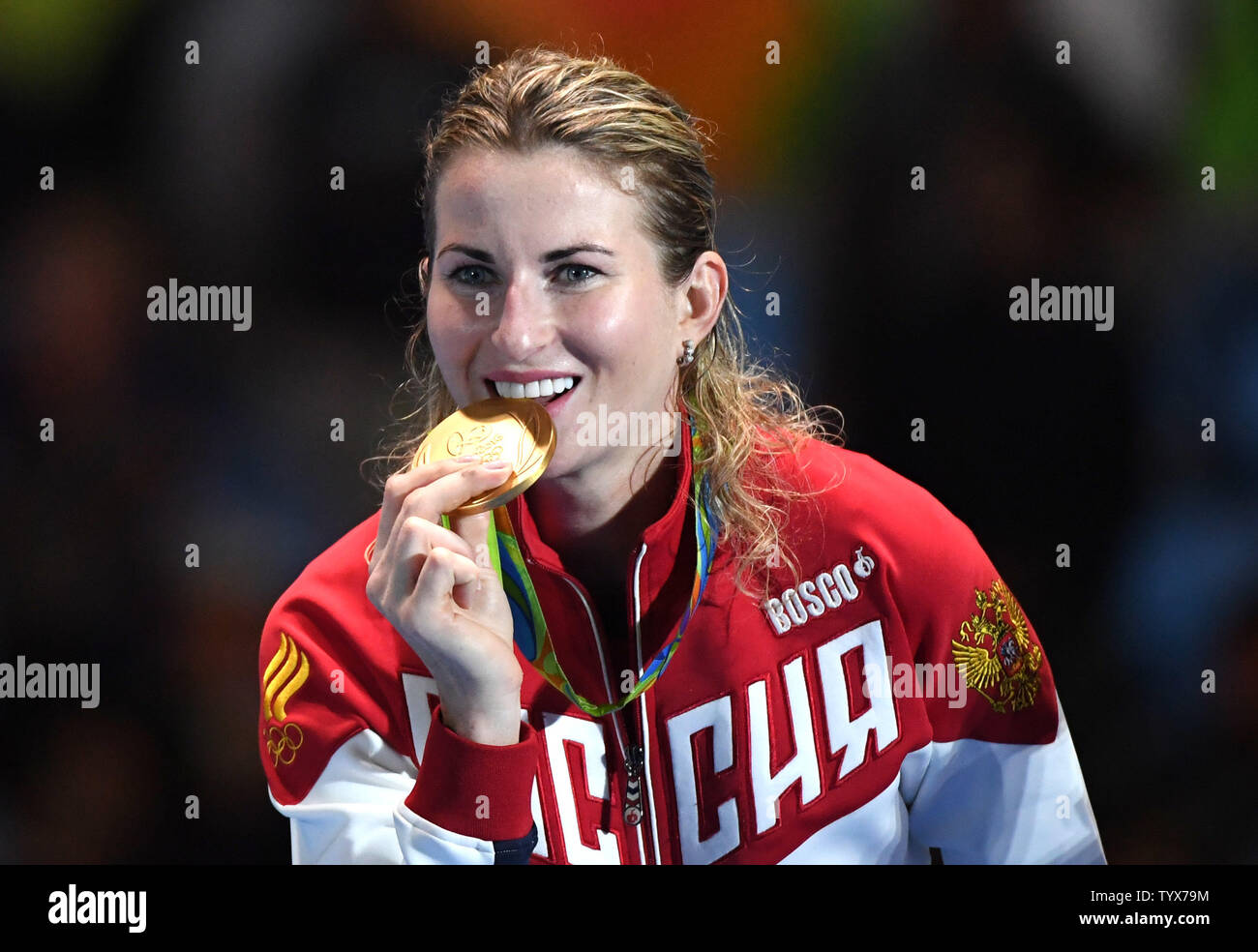 Women's Fencing Foil gold medalist Russian Inna Deriglazova poses with