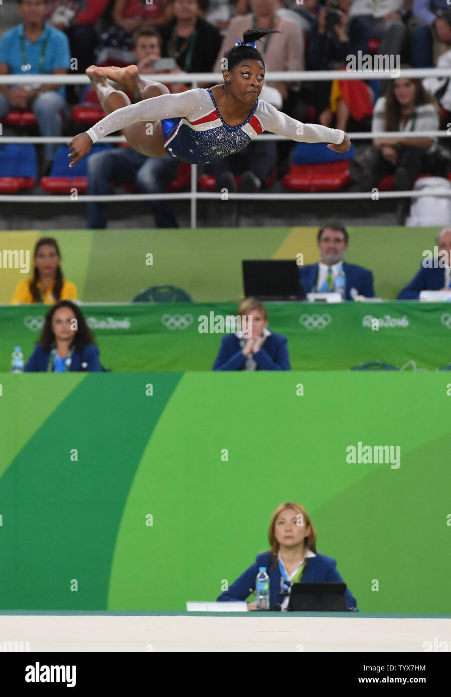 Simone Biles competes in the Floor Exercise in the Women's Artistic Gymnastics Individual All-Around Finals of the 2016 Rio Summer Olympics in Rio de Janeiro, Brazil, August 11, 2016. Simone Biles won an Olympic gold in the women's all-around competition and teammate Aly Raisman, won a silver medal in the event        Photo by Terry Schmitt/UPI Stock Photo