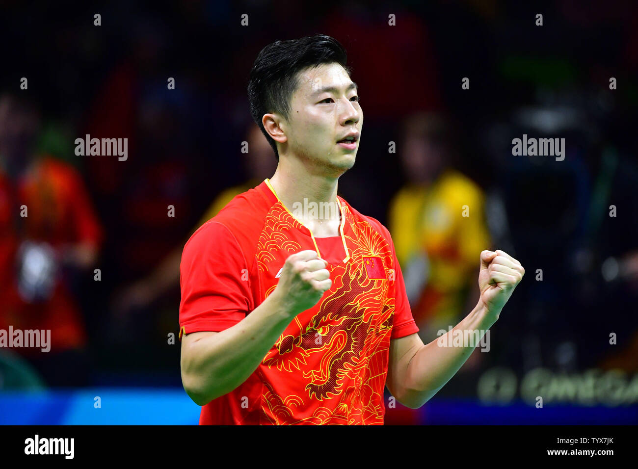 China's Ma Long celebrates in the final moments of his gold medal match against China's Zhang Jike in the Men's Singles Table Tennis final round 2016 Rio Summer Olympics in Rio de Janeiro, Brazil, August 11, 2016. Long went on to win gold for his second straight Olympic champion title. Photo by Kevin Dietsch/UPI Stock Photo