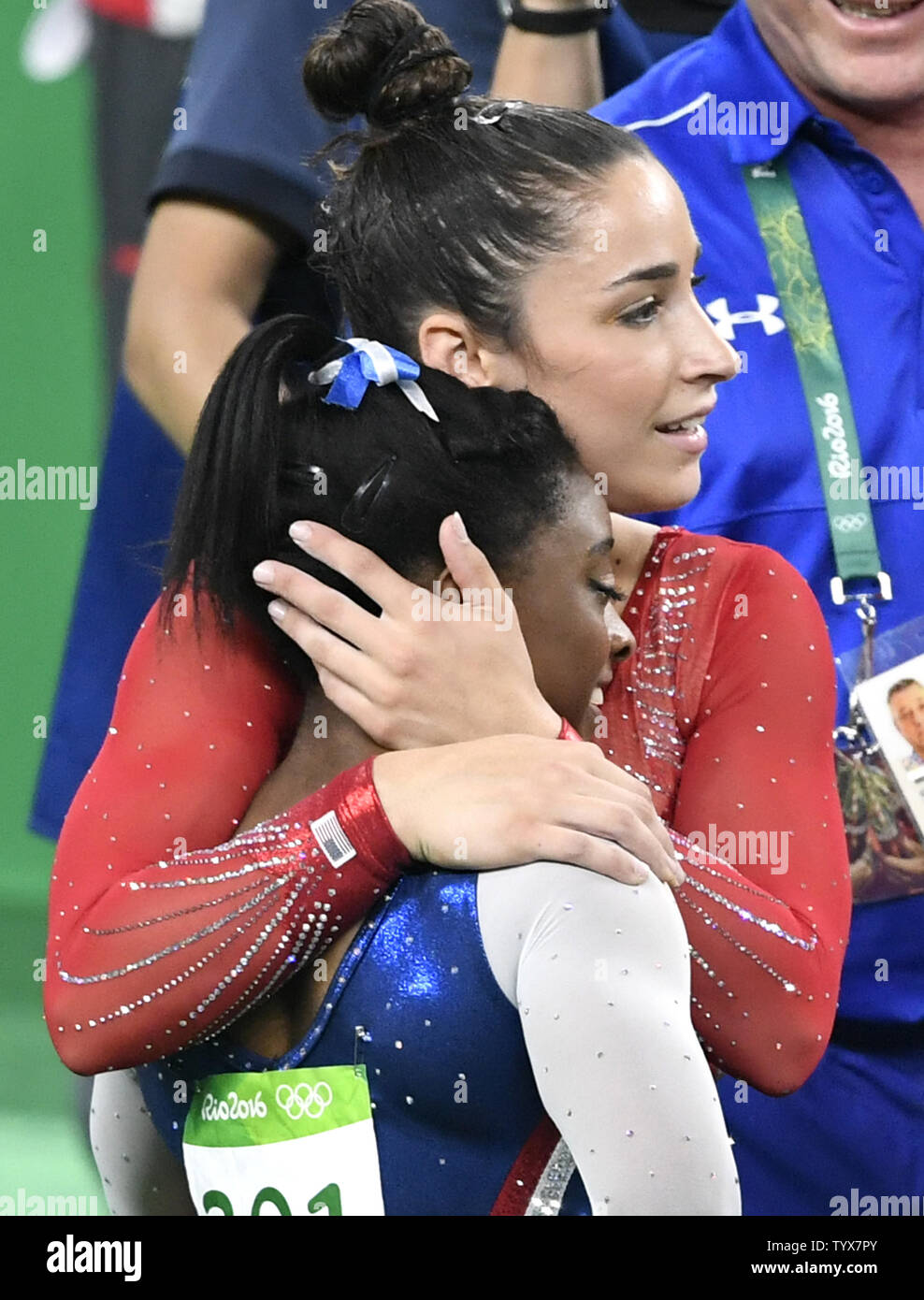 Aly Raisman And Simone Biles Embrace On The Olympic Floor In The Floor Exercise In The Women S Artistic Gymnastics Individual All Around Finals Of The 16 Rio Summer Olympics In Rio De Janeiro