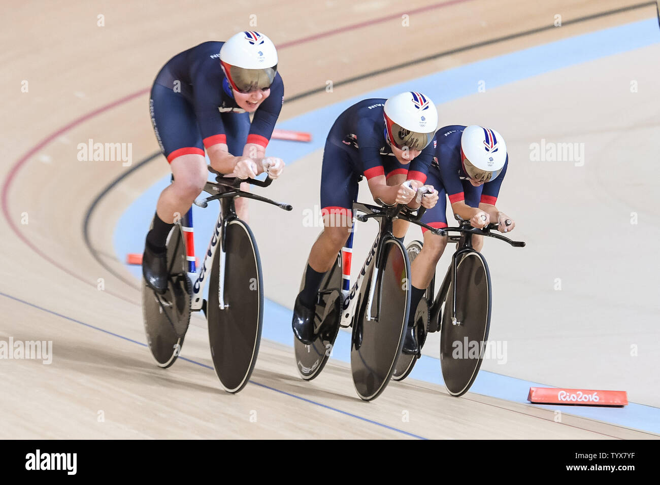 The Great Britain women's cycling team competes in the Women's Team Pursuit Qualifying round at