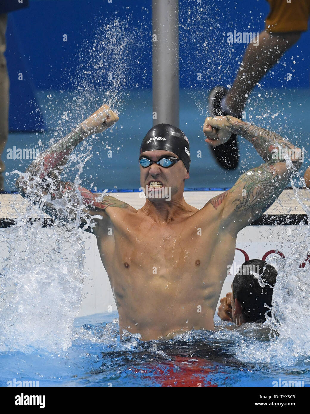 Anthony Ervin (USA) reacts after winning the Men's 50M Freestyle with a time of 21.4 in the Olympic Aquatics Stadium at the 2016 Rio Summer Olympics in Rio de Janeiro, Brazil, on August 12, 2016. Richard Ellis/UPI Stock Photo