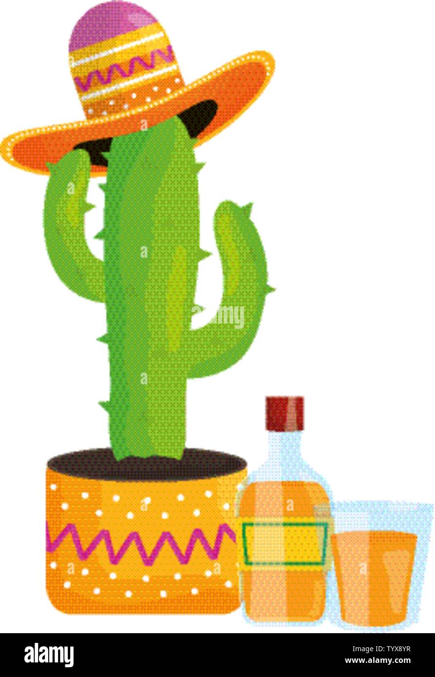 cactus plant with mexican hat and tequila vector illustration design ...