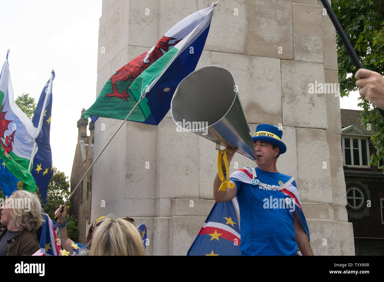 26 June 2019 - Opposite Parliament, London, UK - 'Stop Brexit' Steven Bray with megaphone at his birthday party. Stock Photo