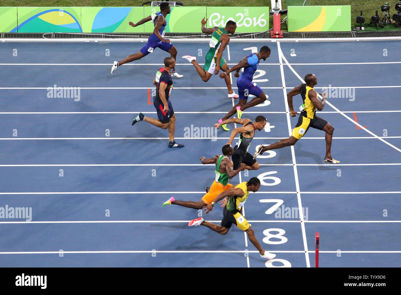 Jamaica's Usain Bolt wins the Men's 100M final at Olympic Stadium at the  2016 Rio Summer Olympics in Rio de Janeiro, Brazil, on August 14, 2016.  Bolt won gold with a time