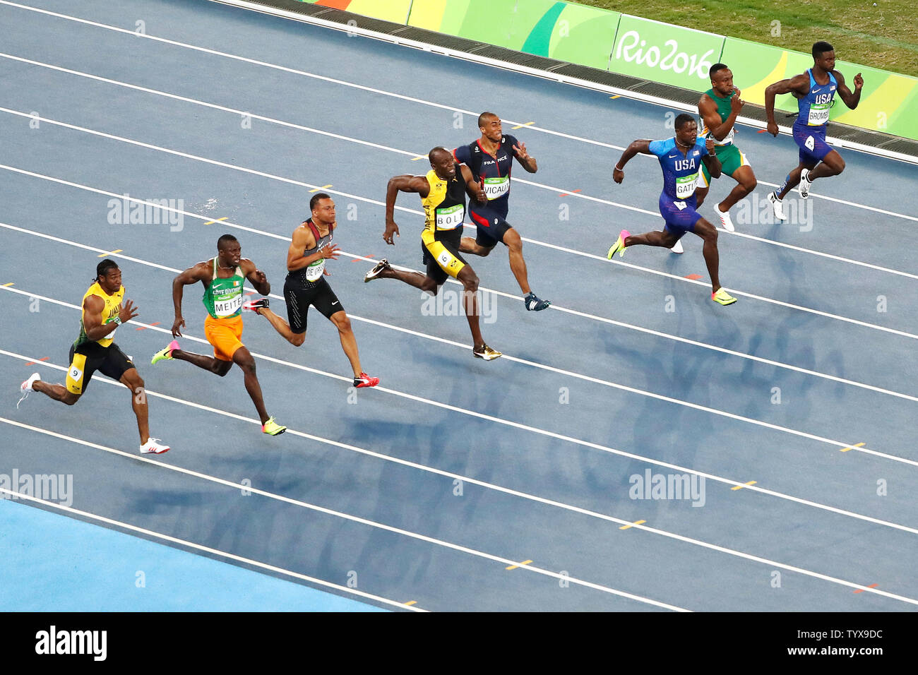 Jamaica S Usain Bolt 4th L Competes In The Men S 100m Final At Olympic Stadium At The 2016 Rio Summer Olympics In Rio De Janeiro Brazil On August 14 2016 Bolt Won Gold With