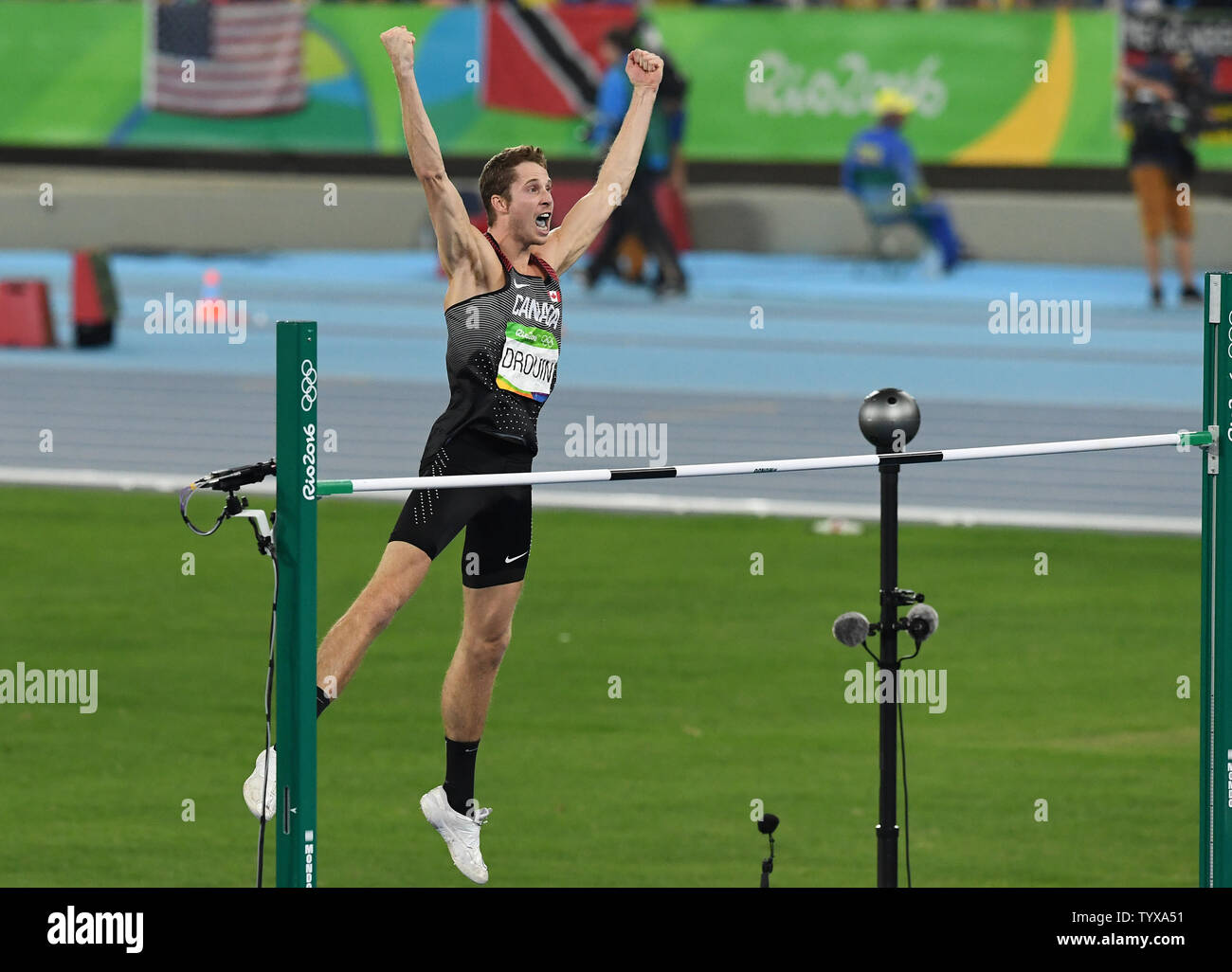 Derek Drouin Of Canada Reacts After His Jump In The Men S High Jump Final At The Olympic Stadium At The 2016 Rio Summer Olympics In Rio De Janeiro Brazil On August 16