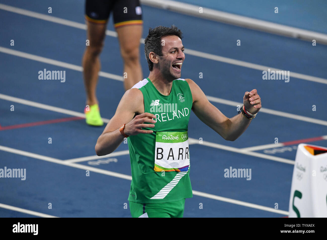Thomas Barr of Ireland, reacts after winning the Men's 400m Hurdles Semifinal 3 in the Olympic Stadium at the 2016 Rio Summer Olympics in Rio de Janeiro, Brazil, on August 16, 2016.  Barr won the semifinal with a time of 48.39.      Photo by Richard Ellis/UPI Stock Photo