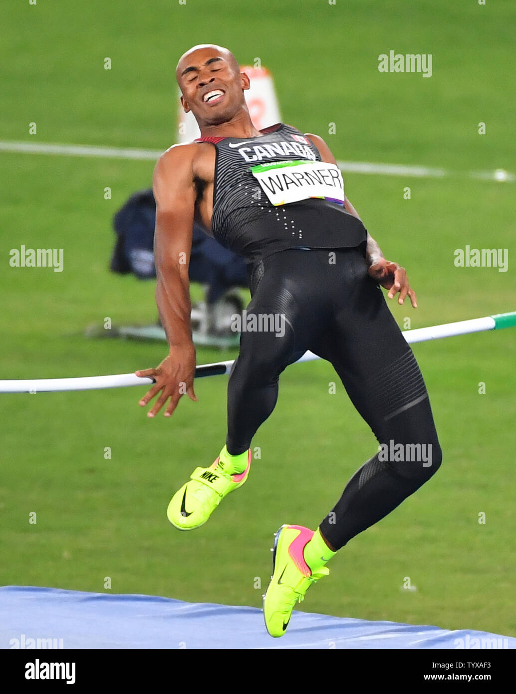 Damian Warner of Canada competes in the Men's High Jump at the Olympic Stadium at the 2016 Rio Summer Olympics in Rio de Janeiro, Brazil, on August 17, 2016.        Photo by Kevin Dietsch/UPI Stock Photo