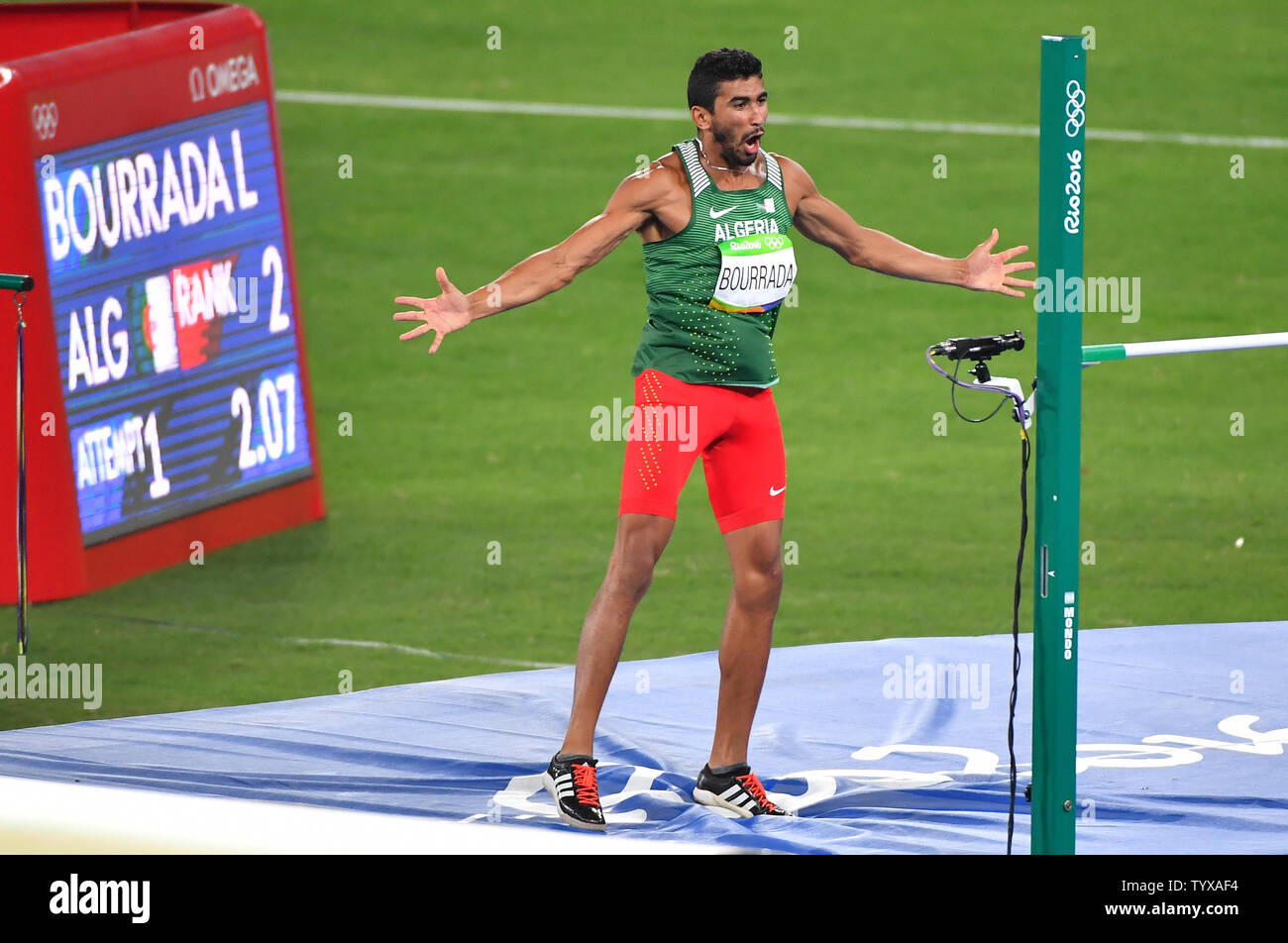 Larbi Bourrada of Algeria reacts after a jump as he  competes in the Men's High Jump at the Olympic Stadium at the 2016 Rio Summer Olympics in Rio de Janeiro, Brazil, on August 17, 2016.        Photo by Kevin Dietsch/UPI Stock Photo