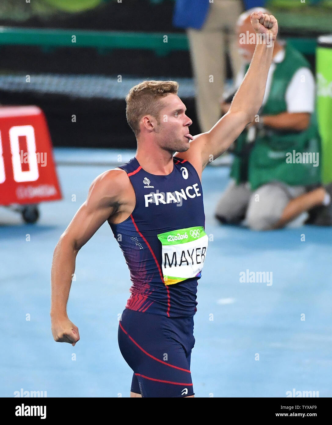 Kevin Mayer of France reacts after a jump when he competes in the Men's Decathlon High Jump at the Olympic Stadium at the 2016 Rio Summer Olympics in Rio de Janeiro, Brazil, on August 17, 2016.        Photo by Kevin Dietsch/UPI Stock Photo