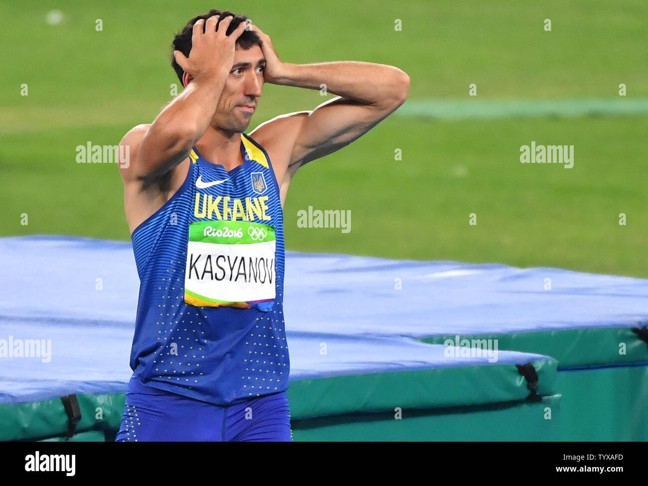 Oleksiy Kasyanov of the Ukraine reacts after a jump when he competes in the Men's Decathlon High Jump at the Olympic Stadium at the 2016 Rio Summer Olympics in Rio de Janeiro, Brazil, on August 17, 2016.        Photo by Kevin Dietsch/UPI Stock Photo