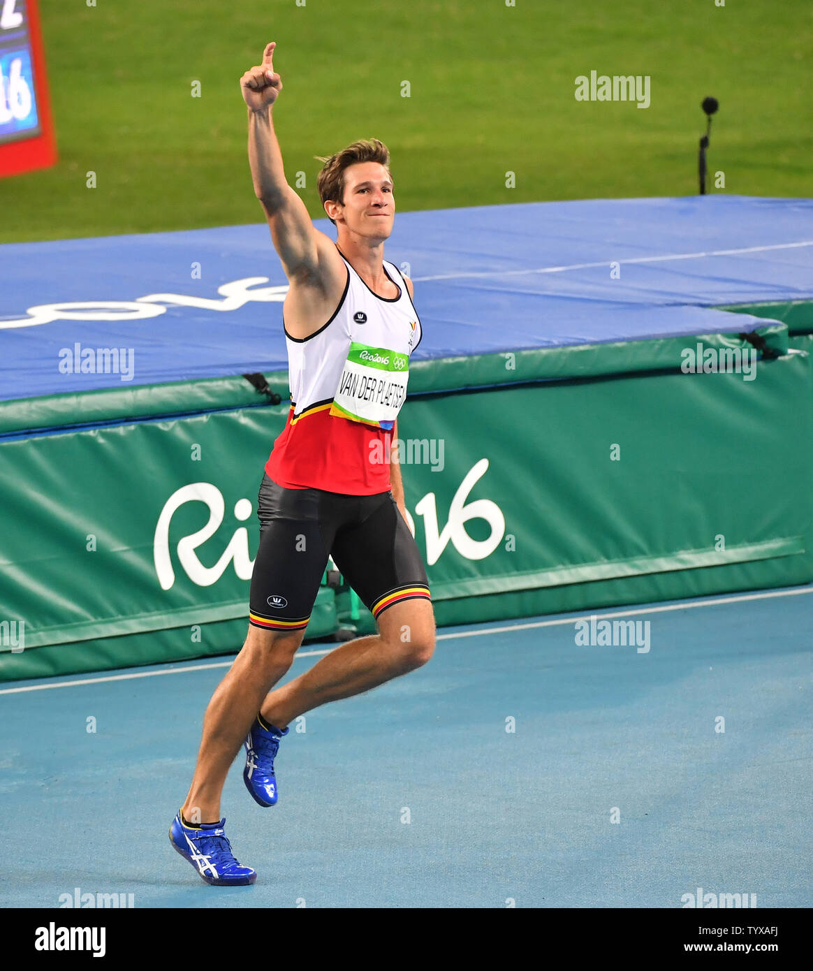 Thomas Van der Plaetsen of Belgium reacts after a jump when he competes in the Men's Decathlon High Jump at the Olympic Stadium at the 2016 Rio Summer Olympics in Rio de Janeiro, Brazil, on August 17, 2016.        Photo by Kevin Dietsch/UPI Stock Photo