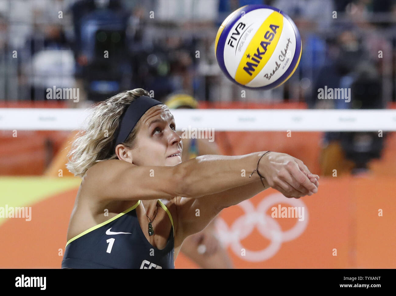 Gold Medalist Laura Ludwig of Germany returns a ball in their Beach Volleyball Women's Gold medal match against Agatha Bednarczuk Rippel and Barbara Seixas de Freitas of Brazil at the Beach Volleyball Arena at the 2016 Rio Summer Olympics in Rio de Janeiro, Brazil, on August 17, 2016.      Photo by Matthew Healey/UPI Stock Photo