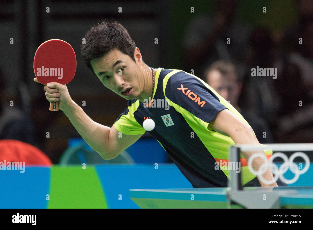 Saehyuk Joo of South Korea during the Men's Team Table Tennis bronze medal match against Germany in Riocentro Pavilion 3 at the 2016 Rio Summer Olympics in Rio de Janeiro, Brazil, on August 1, 2016.      Photo by Richard Ellis/UPI Stock Photo