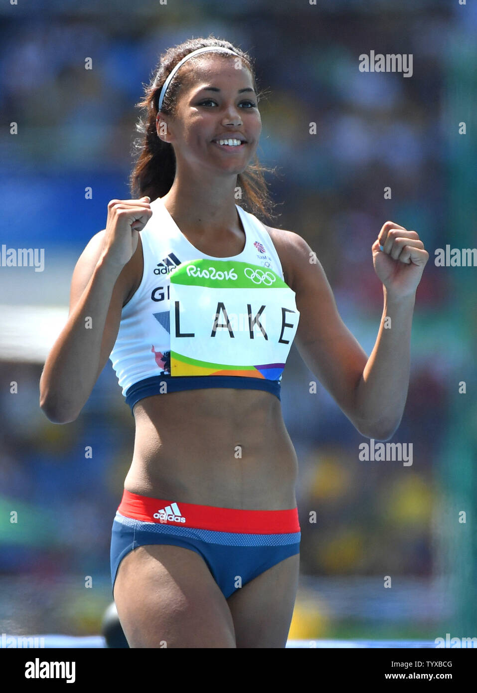 Morgan Lake of Great Britain celebrates as she competes in the Womne's High Jump Qualifier at Olympic Stadium at the 2016 Rio Summer Olympics in Rio de Janeiro, Brazil, on August 18, 2016. Photo by Kevin Dietsch/UPI Stock Photo