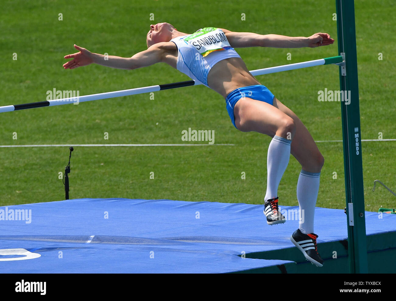 Linda Sandblom of Finland competes in the Womne's High Jump Qualifier at Olympic Stadium at the 2016 Rio Summer Olympics in Rio de Janeiro, Brazil, on August 18, 2016. Photo by Kevin Dietsch/UPI Stock Photo