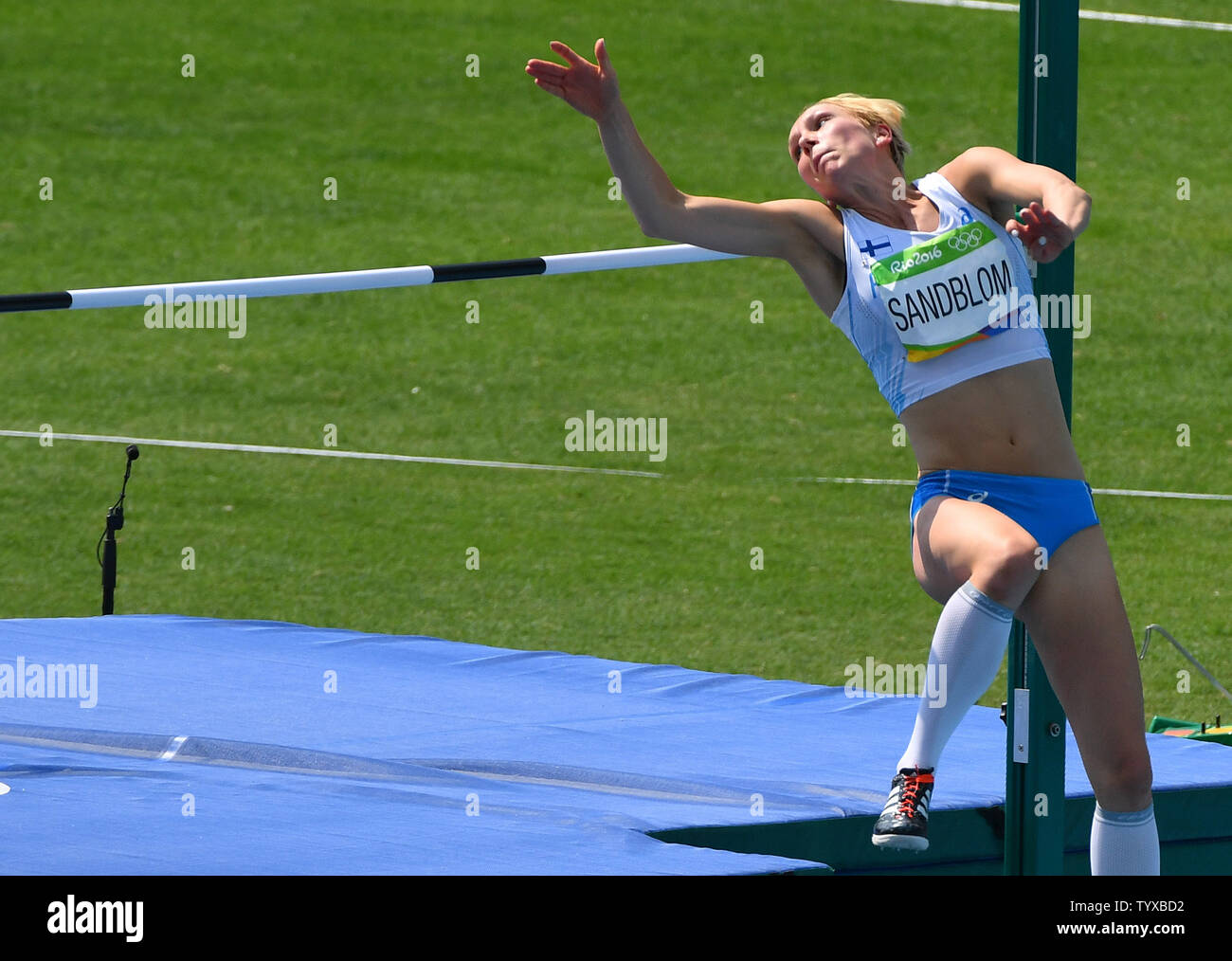 Linda Sandblom of Finland competes in the Womne's High Jump Qualifier at Olympic Stadium at the 2016 Rio Summer Olympics in Rio de Janeiro, Brazil, on August 18, 2016. Photo by Kevin Dietsch/UPI Stock Photo