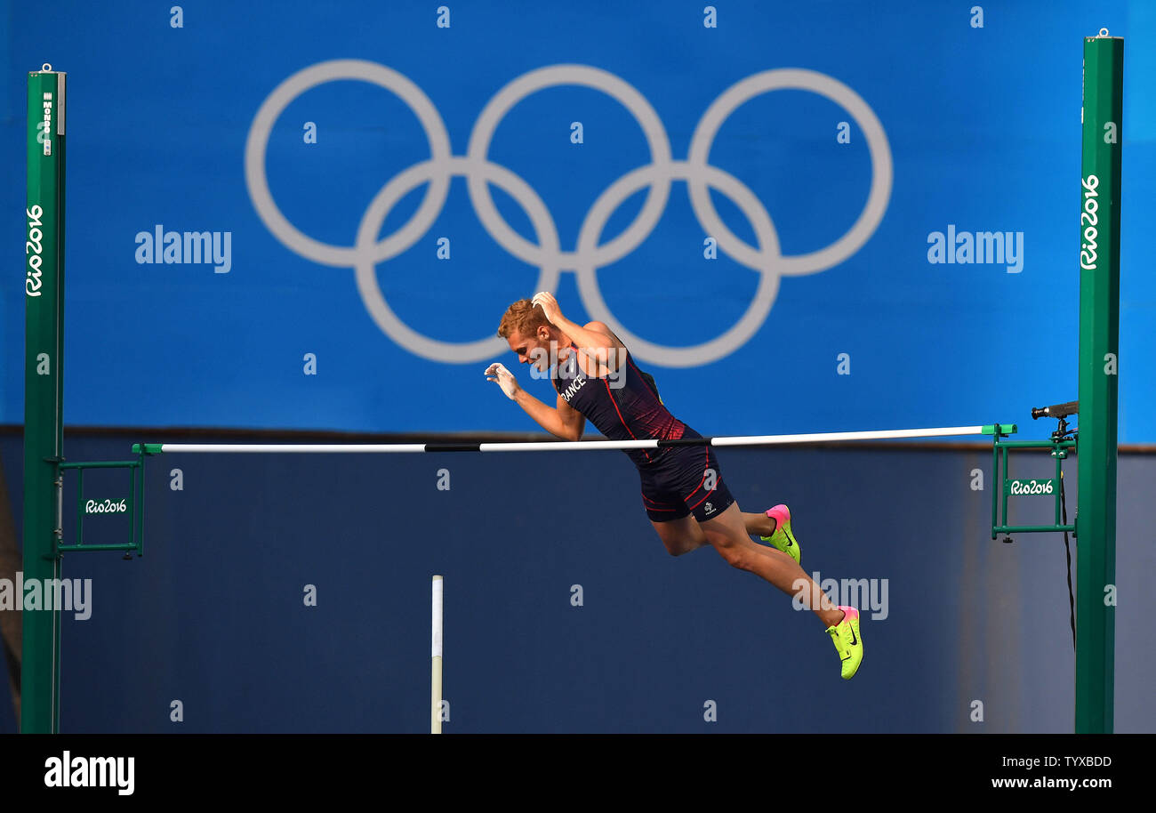 Kevin Mayer of France clears the bar during the Men s Decathlon Pole Vault at Olympic Stadium at the 2016 Rio Summer Olympics in Rio de Janeiro Brazil on August 18 2016. Photo