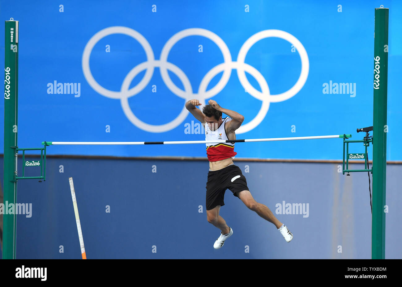 Thomasclears van der Plaetsen of Belgium clears the bar during the Men's Decathlon Pole Vault at Olympic Stadium at the 2016 Rio Summer Olympics in Rio de Janeiro, Brazil, on August 18, 2016.  Photo by Kevin Dietsch/UPI Stock Photo