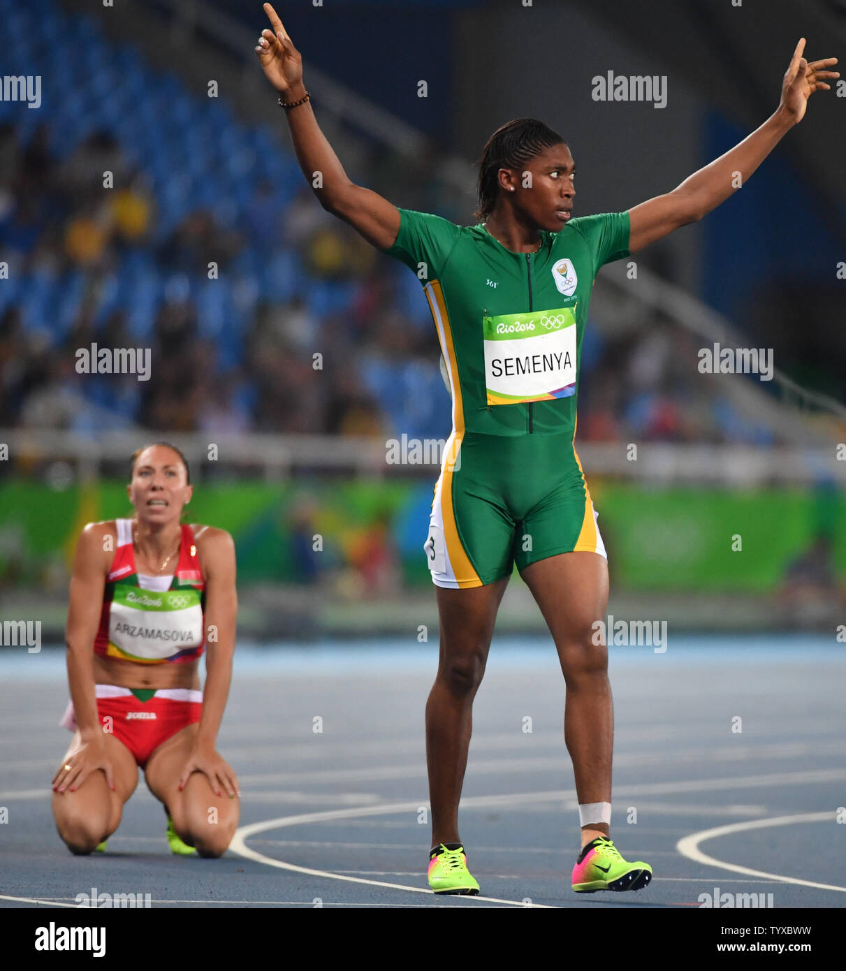 Caster Semenya of South Africa celebrates after winning gold in the