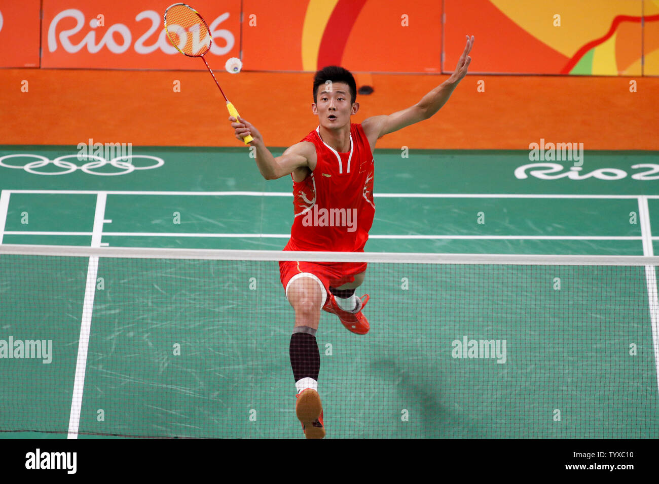 China's Long Chen takes on Malaysia's Chong Wei Lee (not pictured) in the  Men's Badminton Singles gold medal match at the 2016 Rio Summer Olympics in  Rio de Janeiro, Brazil, on August