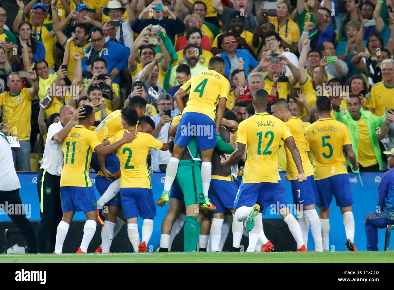 Brazil celebrate a goal by forward Neymar in the first half of the Men's Gold Medal soccer match against Germany at the 2016 Rio Summer Olympics in Rio de Janeiro, Brazil, on August 20, 2016.    Photo by Matthew Healey/UPI Stock Photo