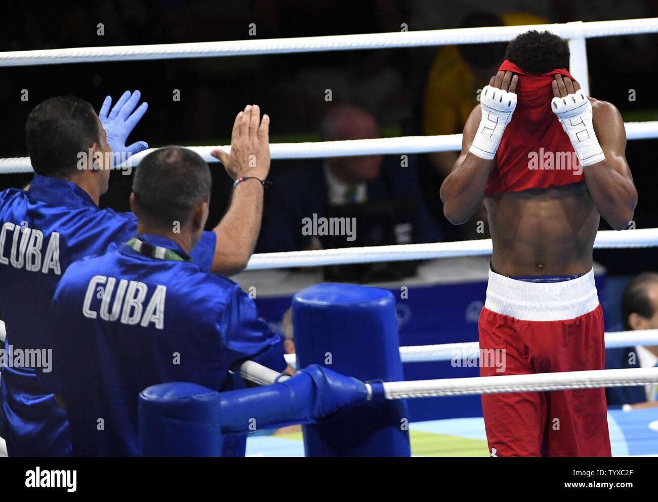 United States' boxer Shakur Stevenson pulls his sirt over his head in disappointment after losing a split decision to Cuba's Robeisy Ramirez in a Men's Boxing Bantamweight bout at the 2016 Rio Summer Olympics in Rio de Janeiro, Brazil, August 20, 2016. Ramirez won the Gold Medal and Stevenson won the Silver.          Photo by Mike Theiler/UPI Stock Photo