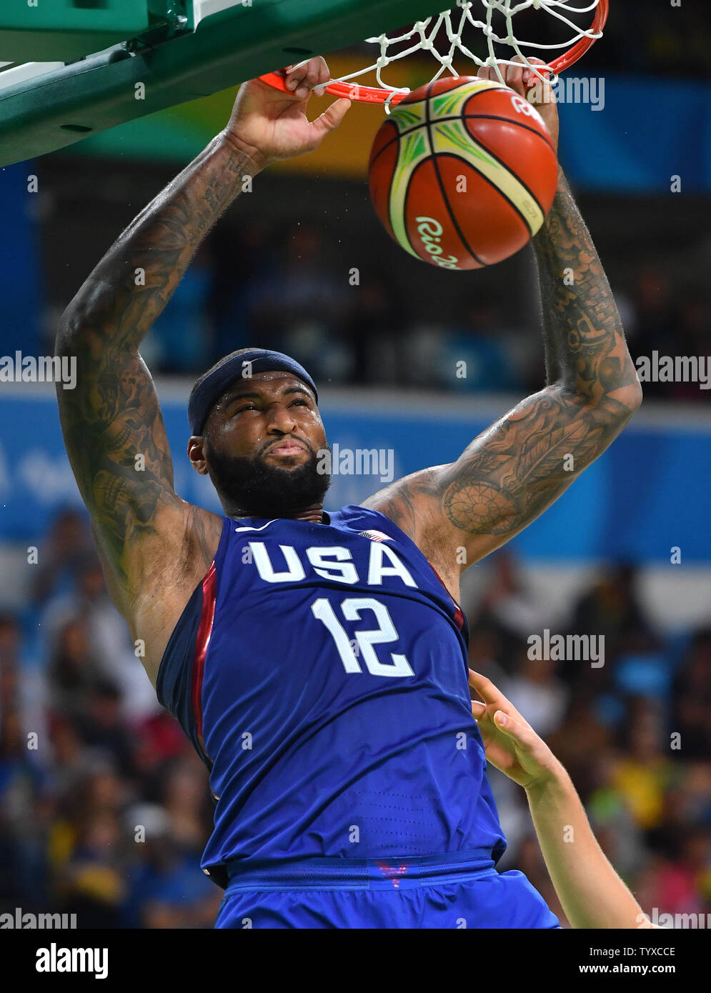 DeMarcus Cousins of the United States dunks the basketball in the second half against Serbia in the Men's Basketball gold medal game between Serbia and the United States at Carioca Arena 1 at the 2016 Rio Summer Olympics in Rio de Janeiro, Brazil, on August 21, 2016.   Photo by Kevin Dietsch/UPI Stock Photo