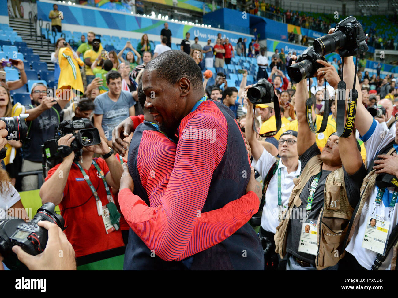 Kevin Durant of the United States celebrates after the game against Serbia in the Men's Basketball gold medal game between Serbia and the United States at Carioca Arena 1 at the 2016 Rio Summer Olympics in Rio de Janeiro, Brazil, on August 21, 2016. The United States defeated Serbia 96-66 to win its third consecutive gold medal.  Photo by Kevin Dietsch/UPI Stock Photo