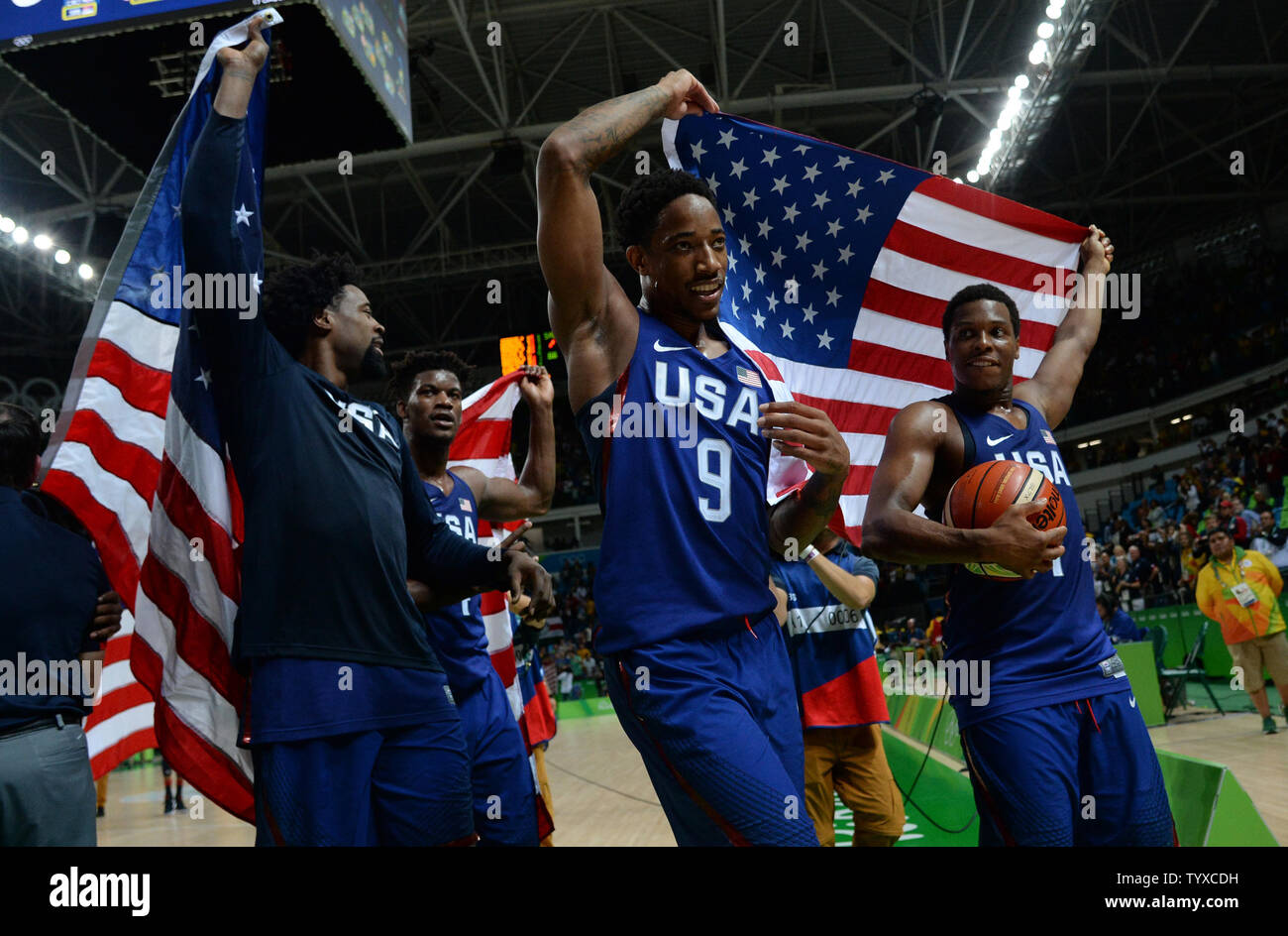 DeMar DeRozan of the United States celebrates after the game against Serbia in the Men's Basketball gold medal game between Serbia and the United States at Carioca Arena 1 at the 2016 Rio Summer Olympics in Rio de Janeiro, Brazil, on August 21, 2016. The United States defeated Serbia 96-66 to win its third consecutive gold medal.  Photo by Kevin Dietsch/UPI Stock Photo