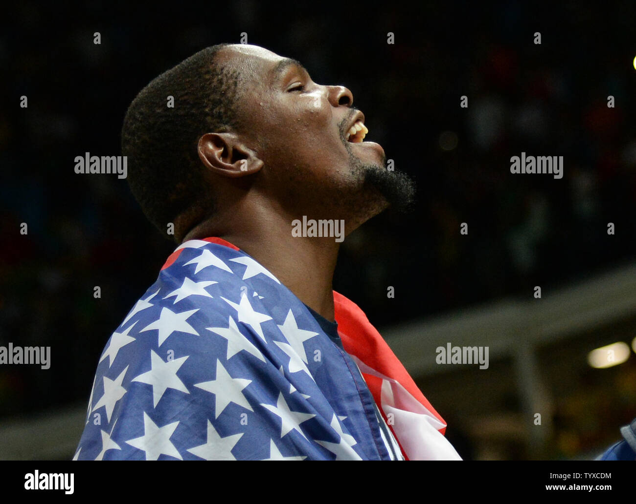 Kevin Durant of the United States celebrates after the game against Serbia in the Men's Basketball gold medal game between Serbia and the United States at Carioca Arena 1 at the 2016 Rio Summer Olympics in Rio de Janeiro, Brazil, on August 21, 2016. The United States defeated Serbia 96-66 to win its third consecutive gold medal.  Photo by Kevin Dietsch/UPI Stock Photo