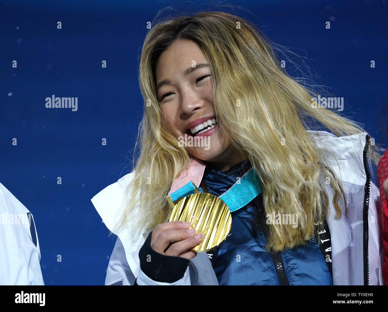 Gold medalist American Chloe Kim celebrates during the medal ceremony