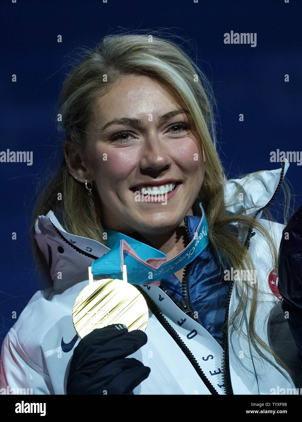 Gold medalist American Mikaela Shiffrin celebrates during the medal