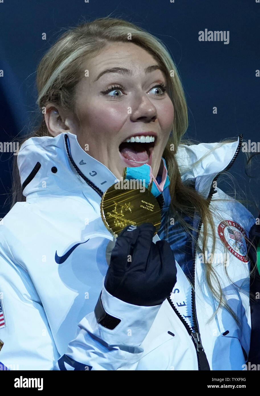 Gold medalist American Mikaela Shiffrin celebrates during the medal ...