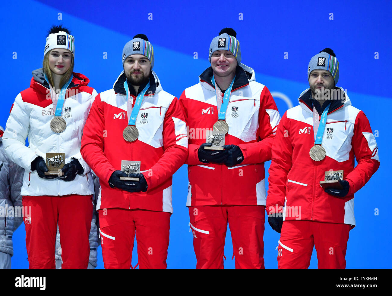 Bronze medalist Austria's Madeleine Egle, David Gleirscher, Peter Penz and Georg Fischler pose during the medal ceremony for Luge Team Relay at the Pyeongchang 2018 Winter Olympics in Pyeongchang, South Korea, on February 16, 2018. Photo by Kevin Dietsch/UPI Stock Photo