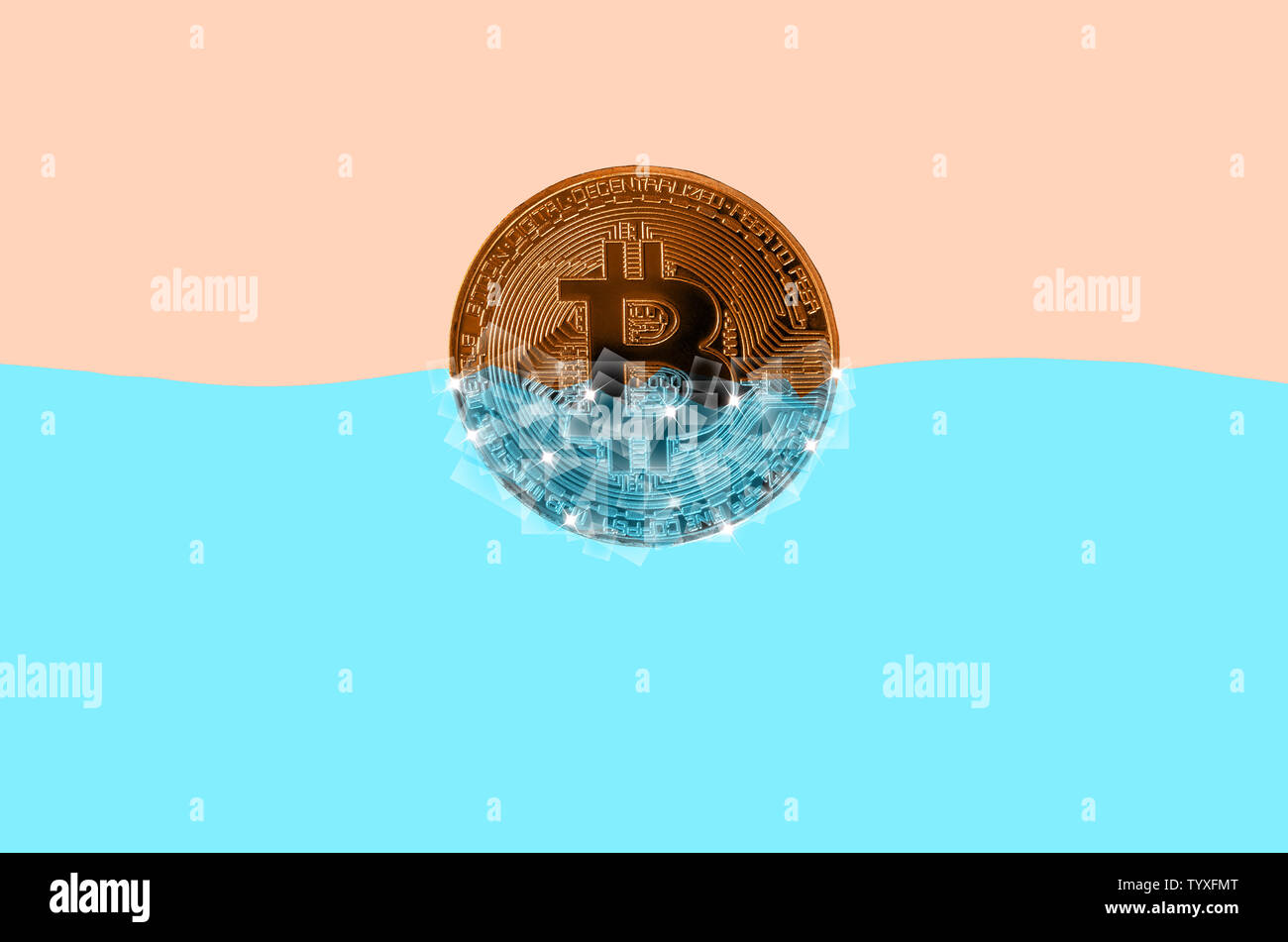 Frozen golden bitcoin in blocks of ice in blue water. The concept of  freezing of a cryptocurrency grow or wallet for security purposes Stock  Photo - Alamy