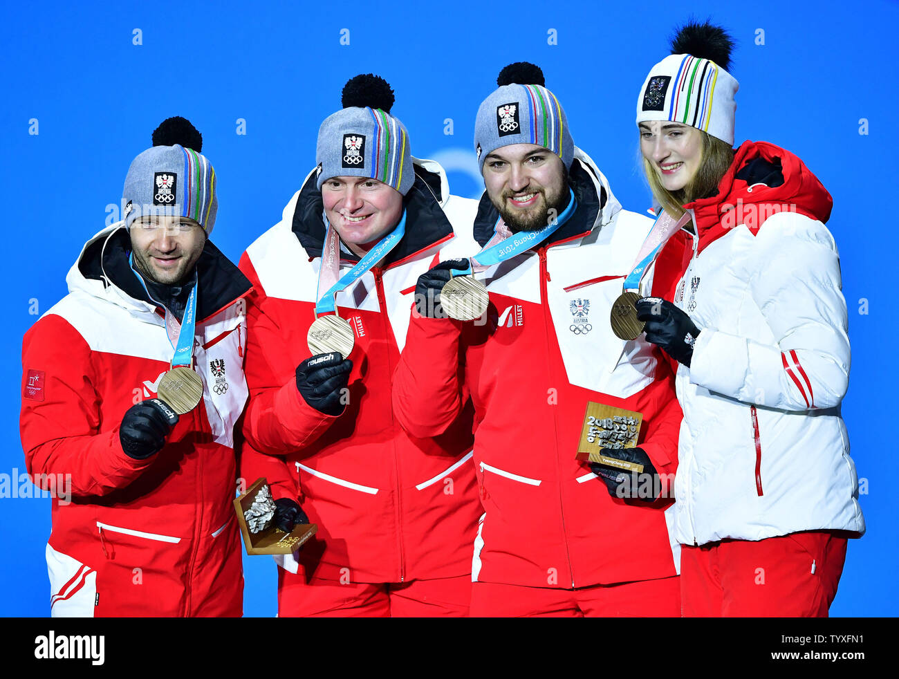 Bronze medalist Austria's Madeleine Egle, David Gleirscher, Peter Penz and Georg Fischler pose during the medal ceremony for Luge Team Relay at the Pyeongchang 2018 Winter Olympics in Pyeongchang, South Korea, on February 16, 2018. Photo by Kevin Dietsch/UPI Stock Photo
