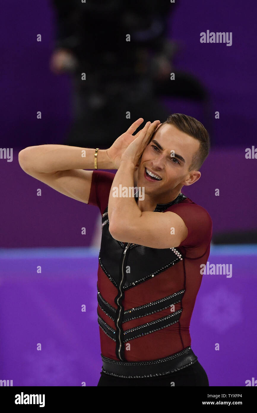 Adam Rippon of the United States jokes with the audience after his ...