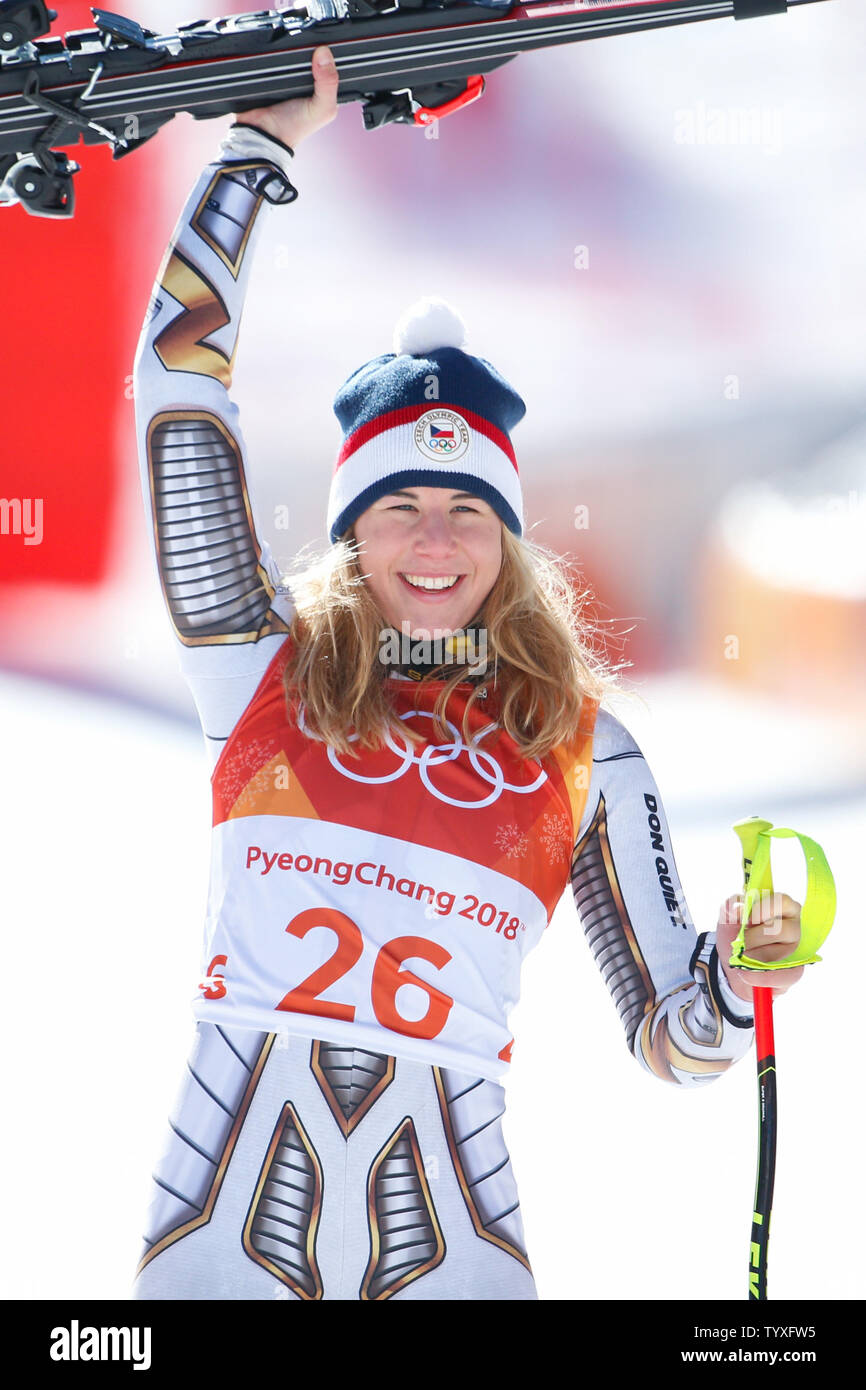 Ladies' Super G gold medal winner Ester Ledecka of the Czech Republic  celebrates during the venue ceremony after the Ladies' Super G final at  Jeongseon Alpine Center in Pyeongchang, South Korea on