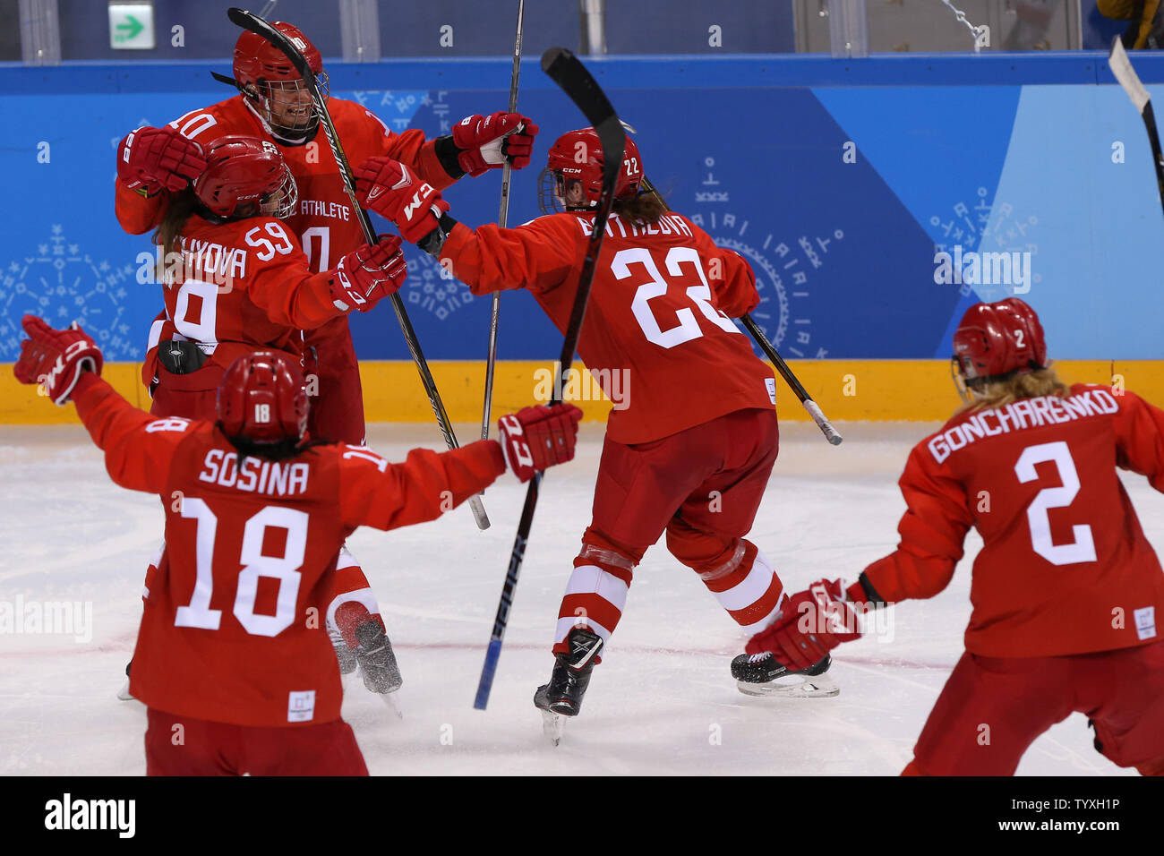 Russian players Olga Sosina (#18), Yelena Dergachyova (#59), Maria Batalova (#22) and Angelina Goncharenko (#2) celebrate with Lyudmila Belyakova (top) after she scored a goal against Finland during the women's ice hockey bronze medal game at the Kwandong Hockey Centre in Gangneung, South Korea, during the 2018 Pyeongchang Winter Olympics on February 21, 2018. Finland beat Russia 3-2 to win the bronze medal. Photo by Andrew Wong/UPI Stock Photo