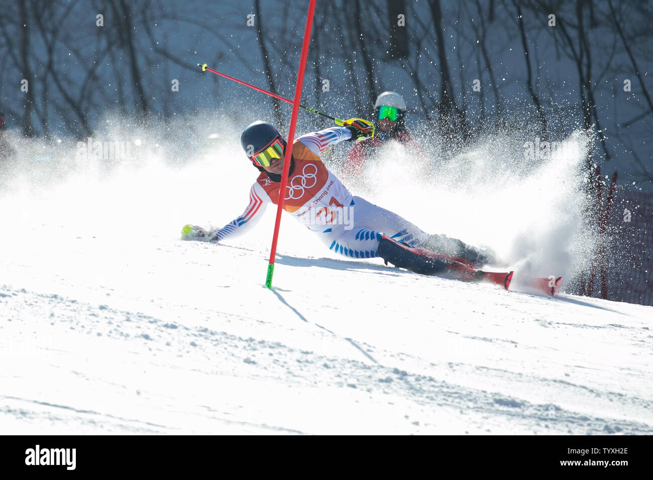 Mark Engel of the United States misses a gate while competing in the Men's Slalom Run One at Yongpyong Alpine Centre in Pyeongchang, South Korea on February 22, 2018. Photo by Matthew Healey/UPI Stock Photo