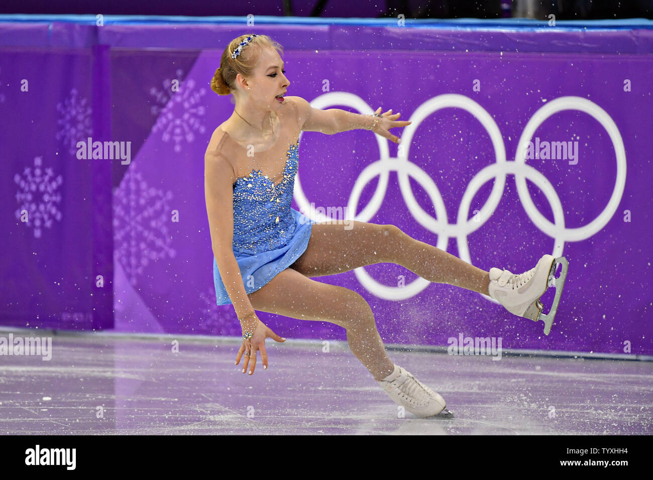 Bradie Tennell of the United States takes a fall during the Ladies