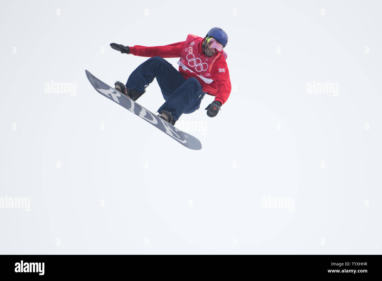 Billy Morgan of Great Britain competes in the Men's Big Air Snowboard final  in the 2018 Pyeongchang Olympics at the Alpensia Ski Jumping Centre in  Pyeongchang, South Korea on February 24, 2018.
