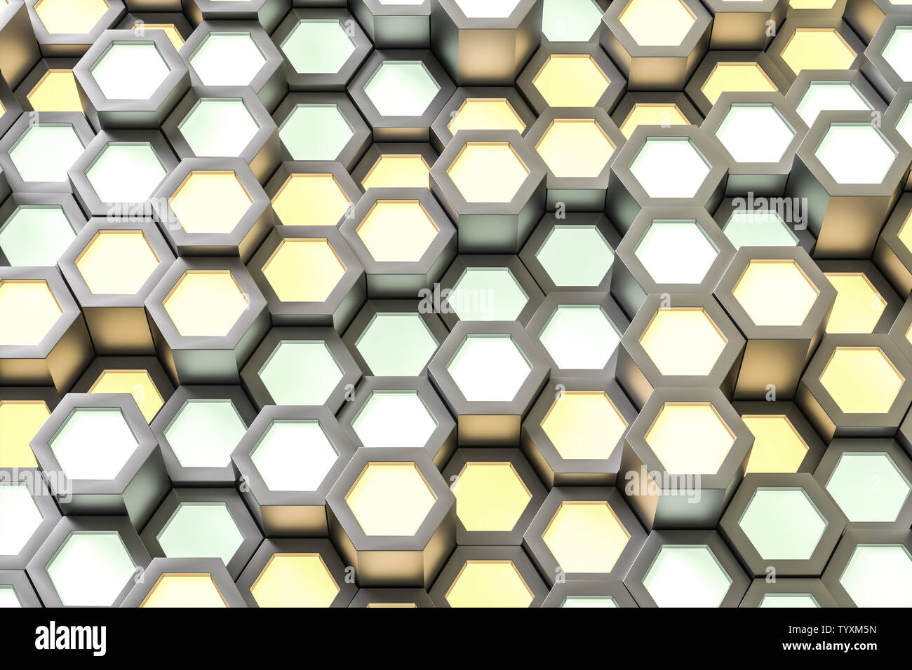 Golden hexagonal metallic background, three-dimensional rendering Stock Photo
