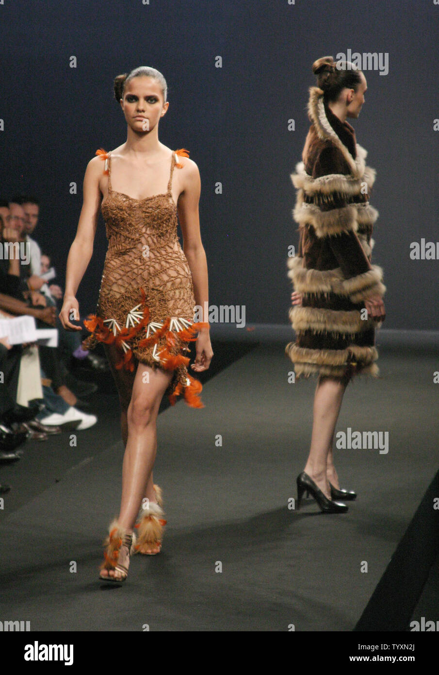 A model presents a new creation from designer Adam Jones during a fashion  show at the Intercontinental Hotel in Paris, France on July 6, 2005. The  show was part of the Autumn/Winter