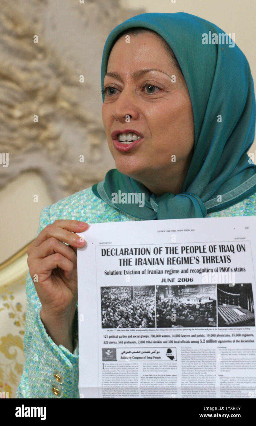 Maryam Rajavi, the charismatic leader of the Iranian opposition, the National Council of Resistance of Iran, speaks during exclusive UPI interview at her residence in Auvers-sur-Oise near Paris, France on June 25, 2006.   Rajavi described her movement as, 'a deeply democratic force, Muslim and freedom loving. We believe in social freedom and are deeply opposed to Islamic fundamentalism.'      (UPI Photo/ David Silpa) Stock Photo